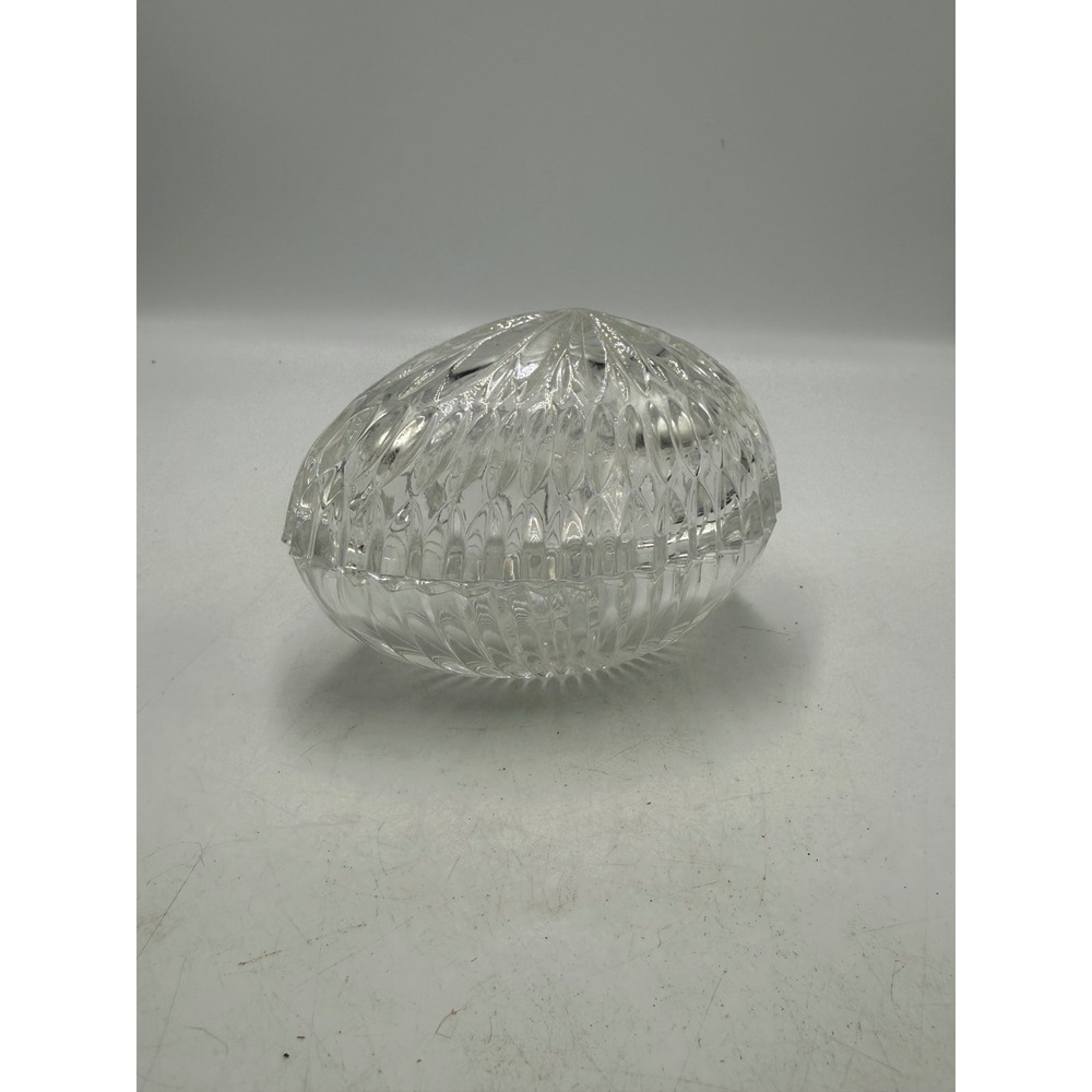 Vintage Clear Cut Crystal Egg Shaped Trinket Box Lidded Jewelry Dish 5.5 Inch